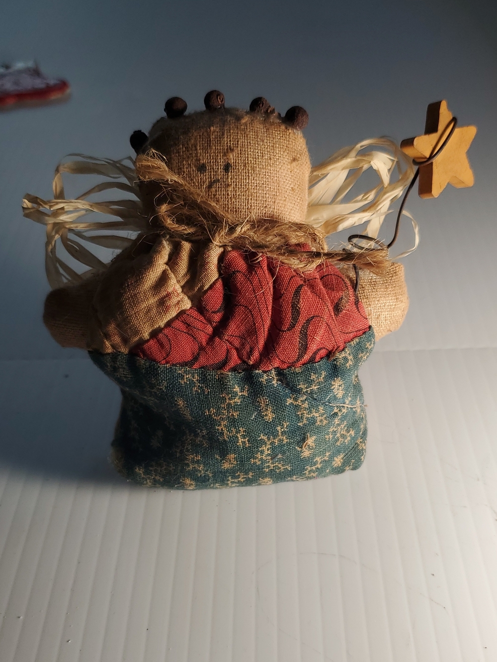 Vintage Folk Art Rustic Angel Figurine in Beige, Red & Teal